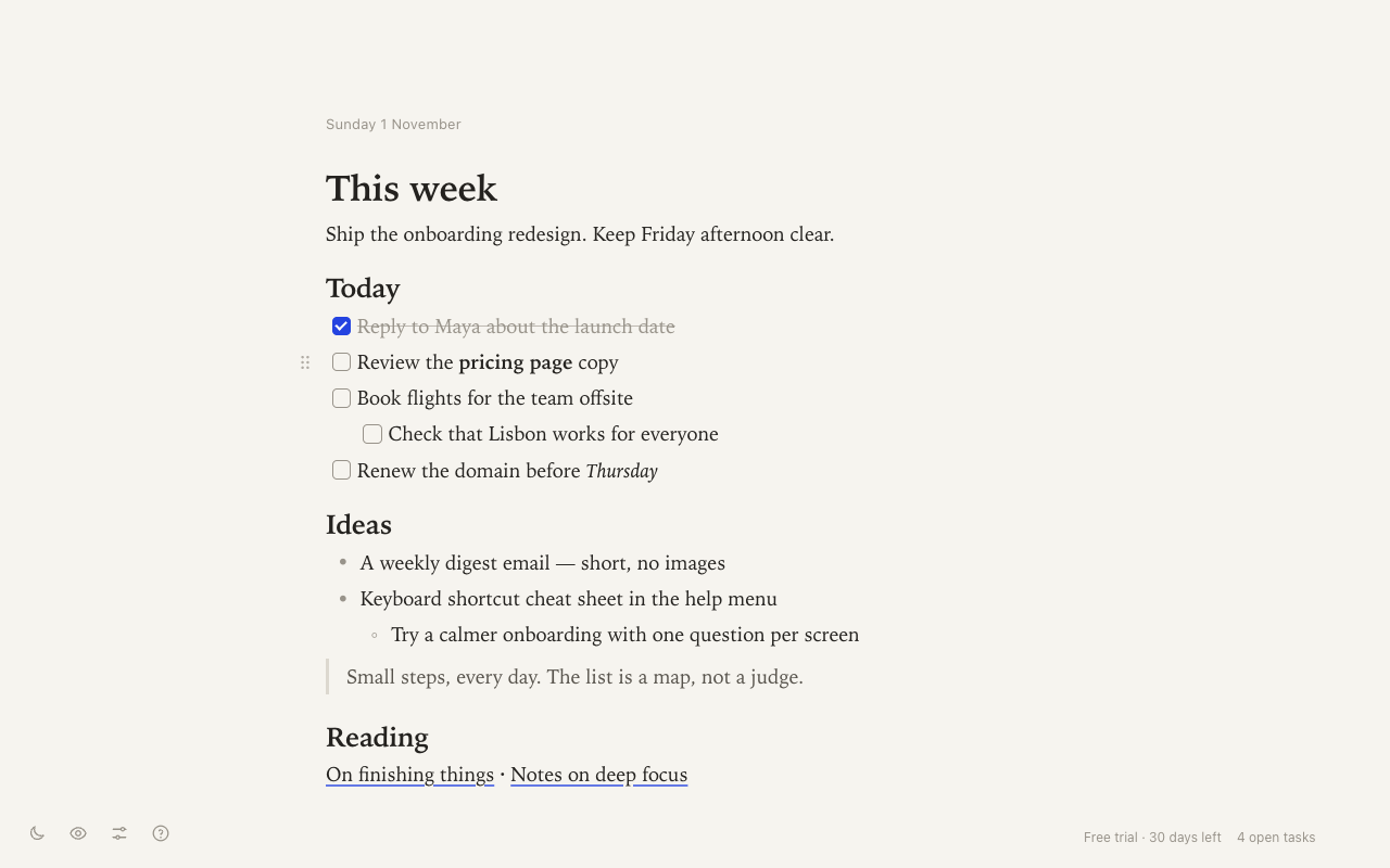 Forgetful in a new tab: a page headed This week, with to-dos for today, a list of ideas and a few reading links